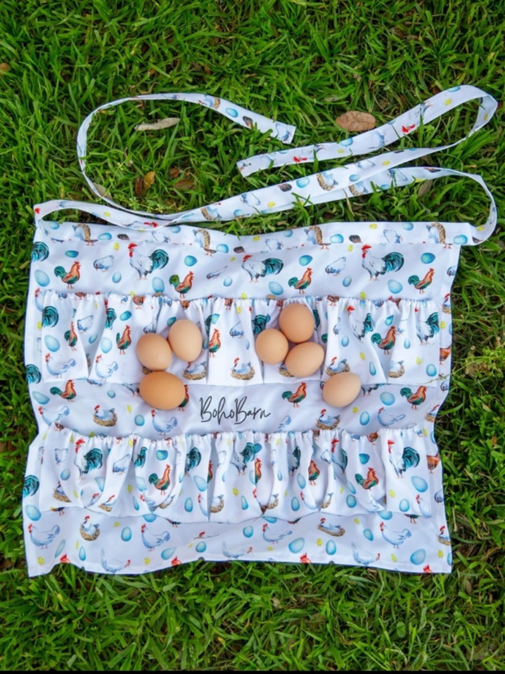 Egg Gathering Apron - White Rooster Print